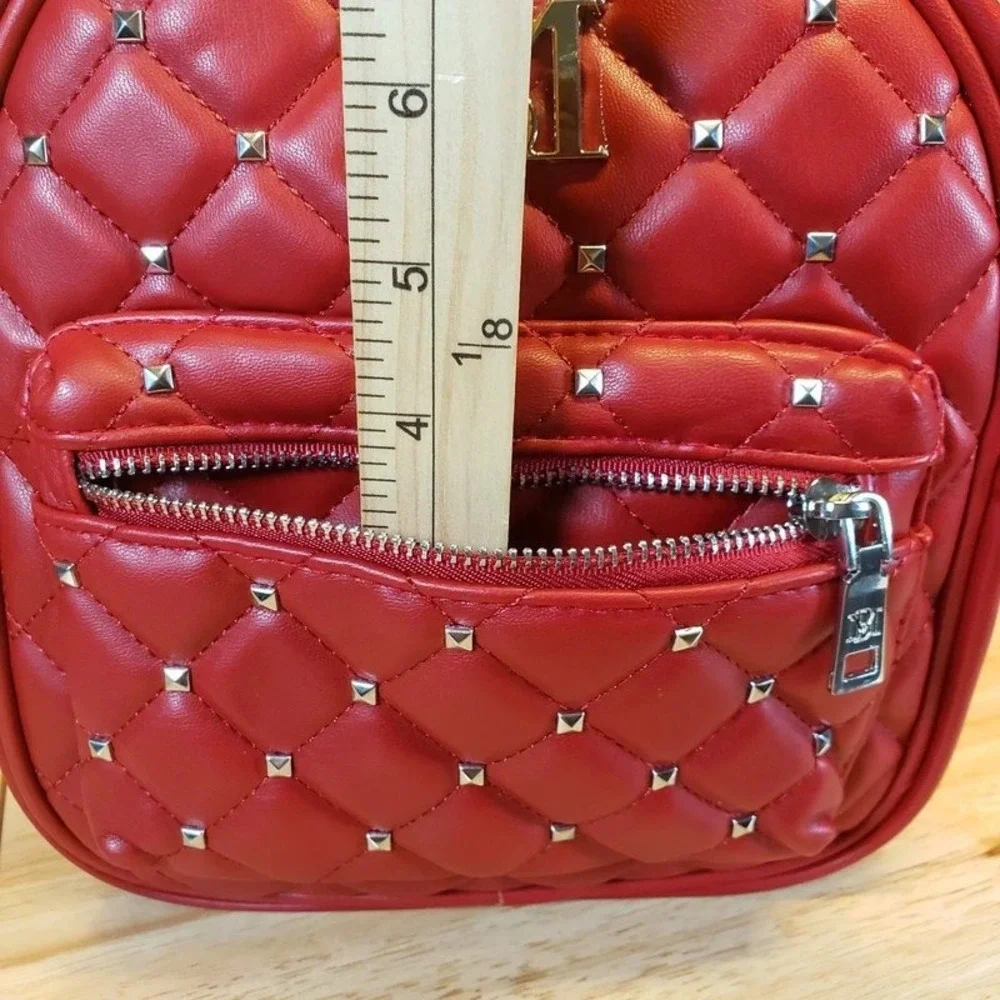 Badgley Mischka Red Quilted Studded Vegan Leather Mini Backpack NWT